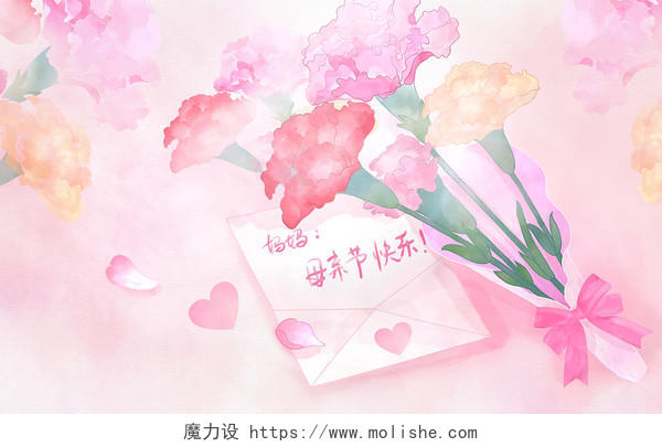 手绘水彩风节日母亲节康乃馨花朵插画海报背景